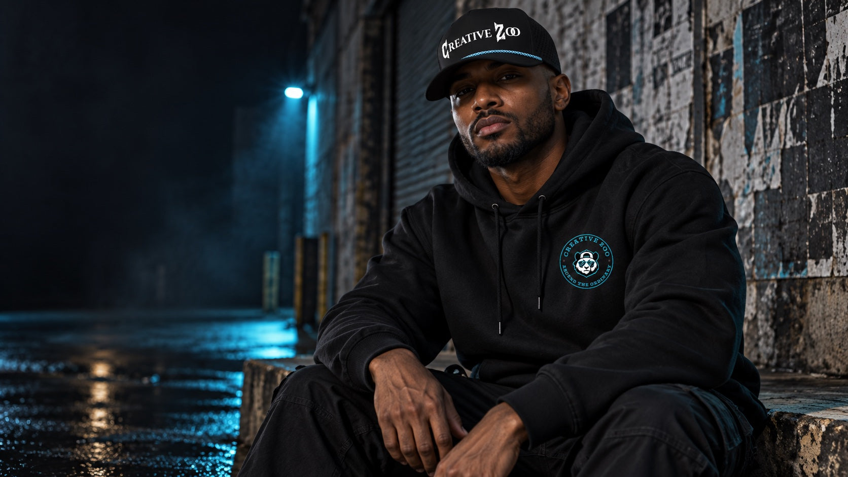 Creative Zoo model wearing a black logo hat and Panda hoodie in an industrial setting